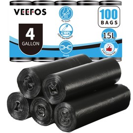 Veefos Heavy Duty 4 Gallon/15L Small Trash Bags - 100 Count, Thick Bathroom Small Garbage Bags, Unscented and Leak-Proof Black Garbage Can Liners for Kitchen, Office and Bedroom
