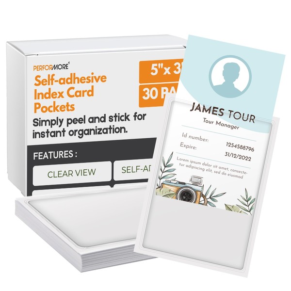 Performore 30 Pack Self-Adhesive Index Card Pockets, 5 x 3