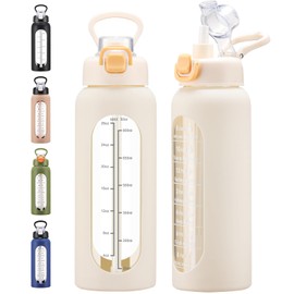 chunmo 32 oz Glass Water Bolttles with Straw Large Motivational Water Bottle with Time Marker Sports Water Bottles with Silicone Sleeve and Handle Lid Water Jug for Gym Workout