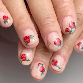 Red Rose Press on Nails Short Square Oval Fake Nails Elegant Nude Pink Acrylic Nails Artificial Nails with Flower Design Stick on False Nails Glue on Nails for Women Girls Manicure 24Pcs