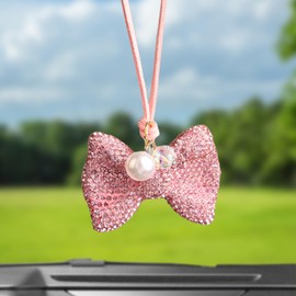 Car rearview mirror accessories for men & women,car charm accessories cross for car mirror hanging，Sparkling rhinestone cross for friends & family (Pink bow)