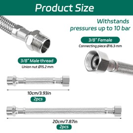 BEASAFY Reinforced Hose 3/8 Inch 20 cm / 10 cm Flexible Hose 3/8 304 Stainless Steel Braided Flexible Hose Extension Fitting Hose for Toilet Cistern Shower Head Pack of 4