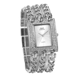 JewelryWe Women's Watches Elegant Analogue Quartz Wrist Watch Rhinestone Rectangular Casual Watch with Triple Curb Chain Bracelet, silver