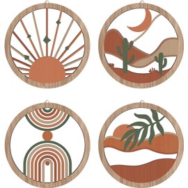 HPNIUB Pack of 4 Boho Wall Art Decor,Bohemian Geometric Hanging Wood Sign for Living Room, Minimalist Farmhouse Botanical Wooden Plaque for Home Bedroom (10 x 10 inches)