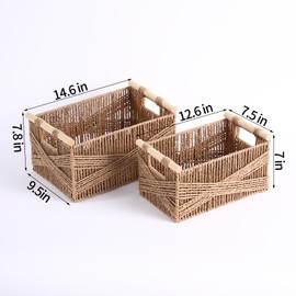 Woven Decorative Baskets Bohemian Style Set of 2 Picnic Basket with Wood Handles Rectangle Storage Baskets for Shelves Towel Bathroom