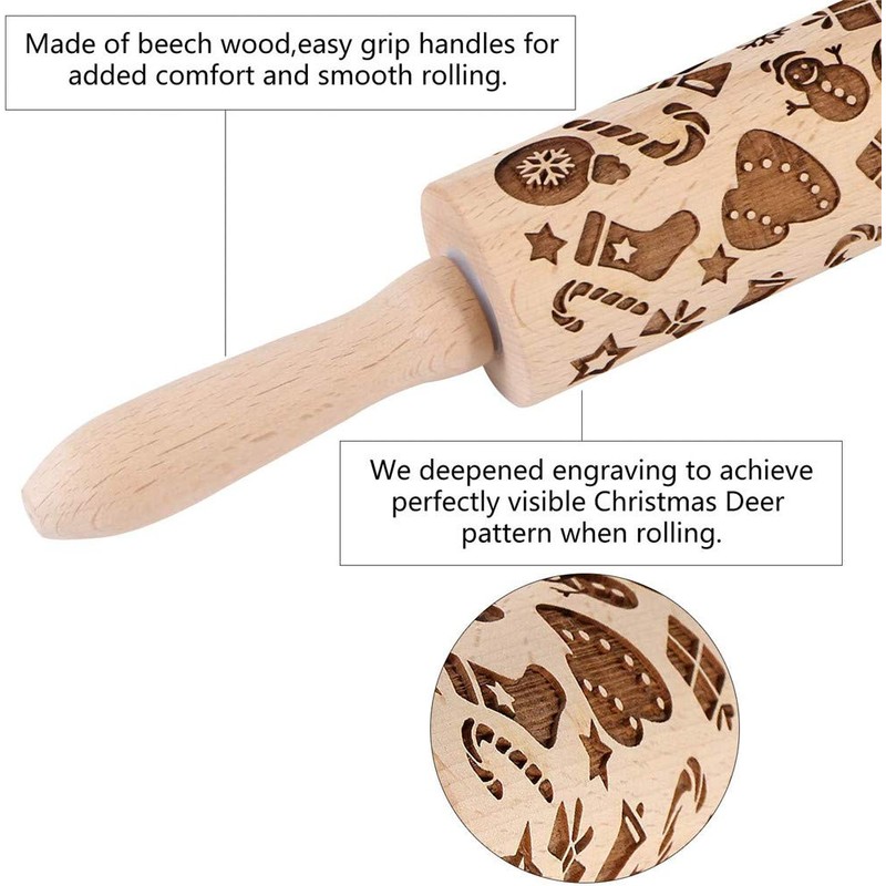 Christmas Wooden Rolling Pins, Xmas 3D Reindeer Shape Decor Embossing
