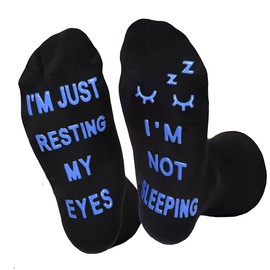 Dekzked Mens Calf-length Socks 6-11,I'M NOT SLEEPING, I'M JUST RESTING MY EYES Socks, Novelty Gift for Men Dad Father Husband Grandpa (One Size, Blue-Eyelash)