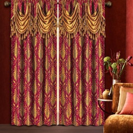 Loom and Mill Luxury Red Damask Window Curtains with Attached Waterfall Valances and Tiebacks, Classic Jacquard Blackout Curtains 2 Panels for Bedroom Living Room, Rod Pocket(52”Wx 84”L, 2 Panels)