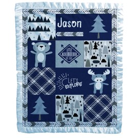 Personalize It Baby Blankets with Baby' Name Year (Blue, 30x40) Woodland Animals Bear Adventure Explorer for Newborn Baby Room Nursery Christening or Baptism