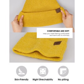 Knit Beanie for Men, Stretchy Soft Warm Daily Cuffed Winter Hats, Unisex Comfortable Wooly Beanie Gifts for Men/Him/Dad, Ginger Yellow