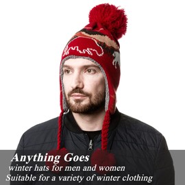 NU TRENDZ Peruvian Beanie Knitted Hat with Ear Flaps, Dark Red Winter Fleece Lined Pom Pom beanie for Women Men, Thick Slouchy Snow Warm Knit Cap for Cold Weather