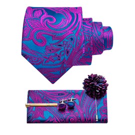 YourTies Purple Blue Tie for Men Silk Paisley Necktie Pocket Square Cufflinks Tie Clip Lapel Pin Set Wedding Business