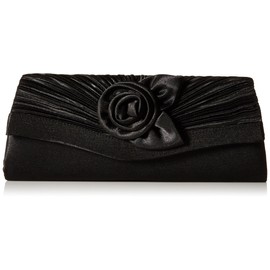 Damara Women's Satin Pleated Flower Front Evening Bag Clutch Handbag (Black)(Size:L)