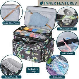 PAVILIA Knitting Bag Yarn Storage Tote, Large Crochet Organizer Bag, Yarn Storage Holder for Crocheting Knitter, Knitting Project Bag, Crochet Accessories Set, Gifts for Crochet Lovers, Floral Gray