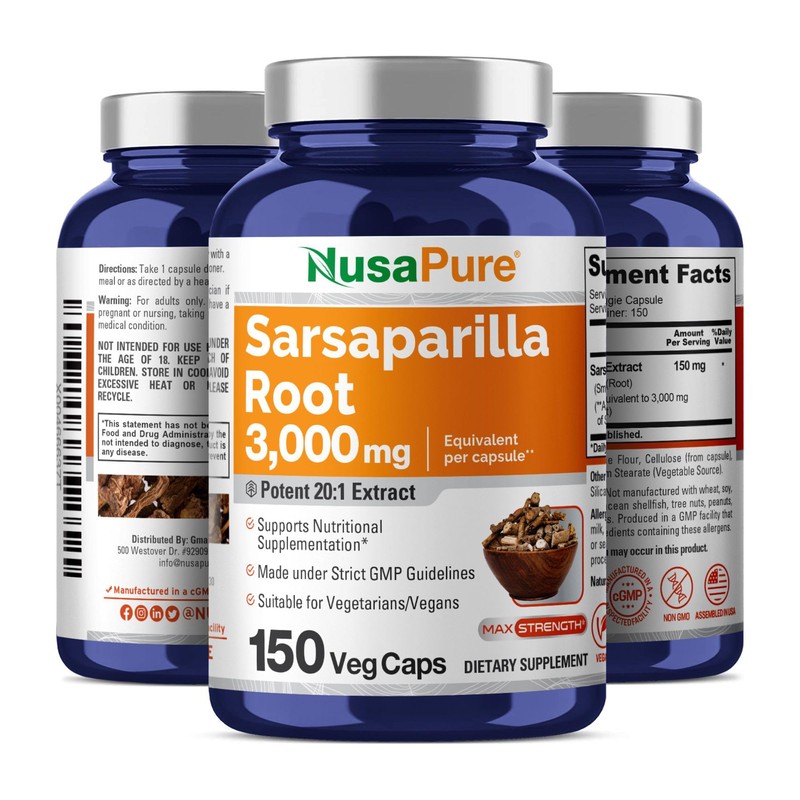NusaPure Sarsaparilla Root 3000mg | 150 Veggie Caps | Non-GMO,
