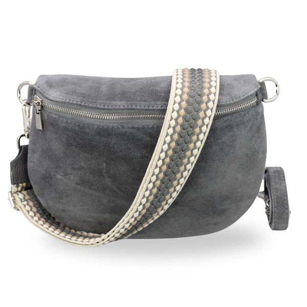 Breise Women's Bum Bag AFIA Handmade Shoulder Bag Crossbody Bag Belt Bag Made of Suede with Leather Belt + Wide Patterned Straps 3 Compartments Stylish Made in Italy Waist Bag, Dark grey-3,