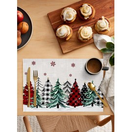 Christmas Tree Placemats Set of 6,Non Slip Washable Farmhouse Trees Table Mats Set Snowflake Winter Table Placemats for Kitchen Dining Table,Wedding Holiday Party Christmas Decoration