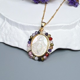 Mother of Pearl Virgin Mary Necklace, Cubic Zirconia Medallion Mary Scapular Necklace, Mother Mary Religious Medal Necklace, Cubic Zirconia, Agate
