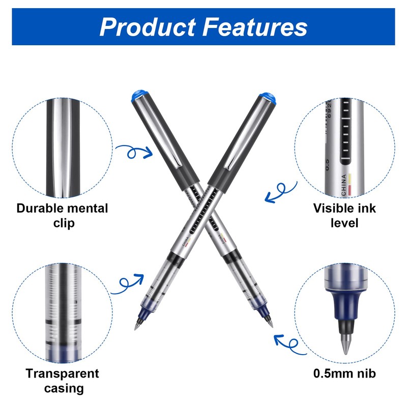 15 Pack Rollerball Pens, 0.5mm Liquid Ink Pens Gel Ink