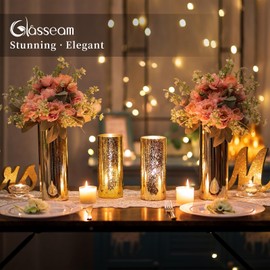 Glasseam Gold Cylinder Vases for Centerpieces: 12 Modern Mercury Hurricane Glass Vase Set for Flowers - Decorative Golden Pillar Candle Holders for Wedding Party Dining Room Table Decor