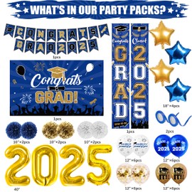 Blue Gold Graduation Party Decorations 2025, Class of 2025 Graduation Party Supplies Include Congrats Grad Banner, Grad Backdrop, Porch Sign,Balloons, Foil Number 2025, Congrats Grad Party Decorations