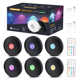Rechargeable RGB Puck Lights,13 Colors Changeable LED Puck Lightings Remote Controls,6Pack LED Under Cabinet Counter Lighting,Battery Operated Tap Lights,Dimmable Wireless Closet lights for Kitchen