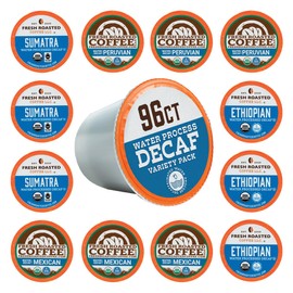 Fresh Roasted Coffee, Organic Water-Processed Decaf Variety Pack | USDA Organic, Kosher | K-Cup Compatible, 96 Pods