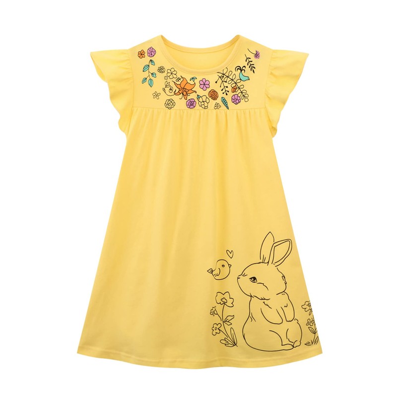 Girls Easter Spring Dress Yellow Rabbit Cotton Casual Ruffle Short