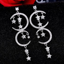 Hasnsofie Earrings Silver 925, Star & Moon Stud Earrings with Long Pendant, Chandelier Earrings Hanging with White Zirconia Elements Crystal, Beautiful Winter Gift for Mother, Girlfriend, Wife,