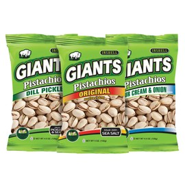 GIANTS Pistachios Variety Pack - Healthy Snacks, Un-Shelled Pistachios Individual Packs, Pistachio Mix w/Original, Dill Pickle, Sour Cream and Onion Pistachio Nuts, Travel Snacks - 5 oz Bags (3 Pack)