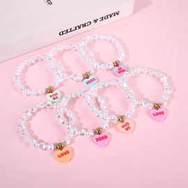 Valentine's Day Bracelet for Women XOXO LOVE HUG ME Candy Heart Charm Bracelet Pearls Beaded Stretch Bracelet Valentines Jewelry Galentine's Day Gifts for Her