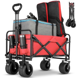 EVLIQUIL Collapsible Foldable Beach Wagon,Folding Wagon Cart with Big Wheels,Utility Grocery All Terrain Wagons carts Foldable with Brakes for Sand Camping Sports Outdoor(Rose Red).