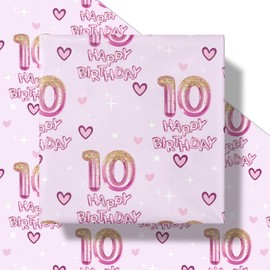 RUSPEPA 10th Birthday Wrapping Paper Girls, Hearts and Pink Number 10 Balloons Happy Birthday Design, 10 Years Old, Mini Roll, 17 Inches x 16.4 Feet, Perfect for Girls' Birthday Party Gifts
