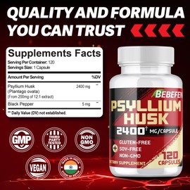 BEBEFEN Psyllium Husk Capsules 2400mg with Black Pepper - 4 Month Supply - Daily Soluble Fiber for Gut Health - Non-GMO and Gluten-Free Formula - 120 Capsules