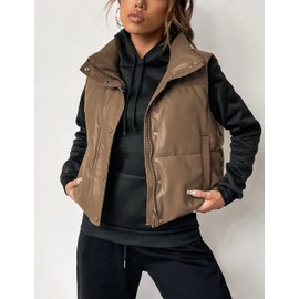 Ailoqing Womens Faux Leather Puffer Vest Zip Up Sleeveless Winter Cropped Jacket(Khaki-XS)