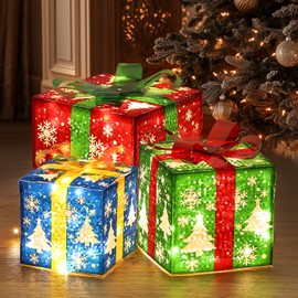 FWLWTWSS Light Up Present Boxes Christmas, 60 LEDs Christmas Decorations Parcels Lights 8 Modes, Ornament With Bow Christmas, Set of 3 Xmas Light Under Xmas Tree Luminous Outdoor Decorative Gift