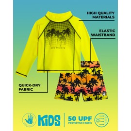 Body Glove Toddler Boys Swim Set - 2 Piece UPF 50+ Quick Dry Swim Trunks and Rash Guard for Boys Kids Swimwear (Sizes: 2T-4T), Size 3T, Neon Yellow Palm Trees