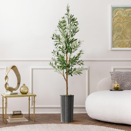 Artificial Tree in Black and White Striped Planter, Fake Olive Silk Tree for Indoor and Outdoor Home Decoration - 68" Overall Tall (Plant Pot Plus Tree)