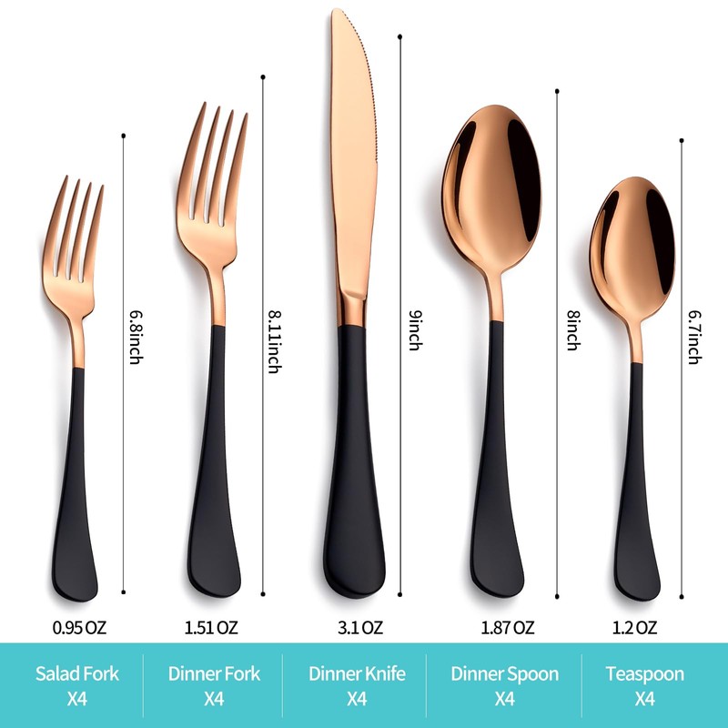MDEALY 20-Piece Rose Gold and Black Silverware Set for 4