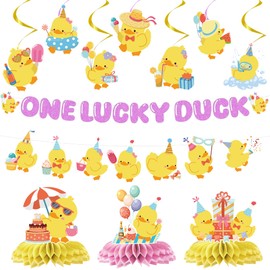 One Lucky Duck Birthday Decorations, 12PCS Cute Duck Party Decorations Include Banner Hanging Swirls and Honeycomb Centerpieces for Boys Girls First Birthday Party Supplies
