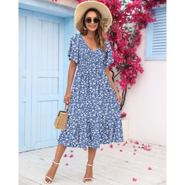 AUSELILY Women's Summer Empire Waist Dress Smocked Flutter Short Sleeve V Neck Midi Dresses 2025 New Gray Blue Flower M