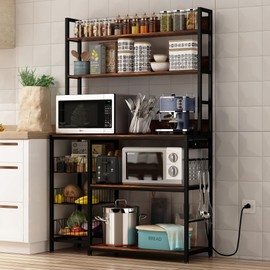 Chnnmbrn Kitchen Bakers Rack with Baskets and Power Outlet,5-Tier Kitchen Utility Storage Shelf with Hooks, Microwave Oven Stand Rack,Vintage Brown Free Standing Kitchen Shelf (Brown)