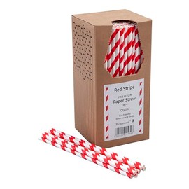 8 Inch 6mm Bore Paper Straw - RED & White Striped Pk 250