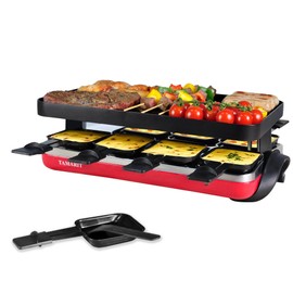 TAMARIT Classic 8 Person Raclette Grill 1500W Electric Tabletop Griddle with Reversible Plate, 8 Non-Stick Cheese Trays and Spatulas Indoor Portable Korean BBQ Barbecue Party Grill Red