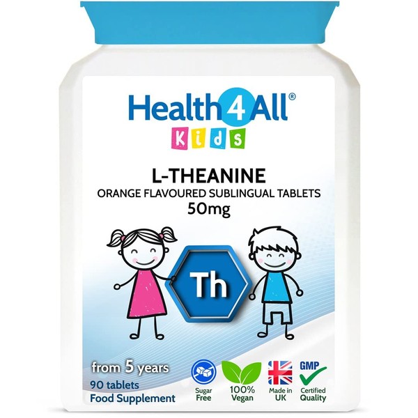 Health4All Kids L-Theanine 50mg 90 Tablets. Focus for Children. Supports Attention & Concentration. Natural Orange Flavour Chewable L-Theanine. Vegan