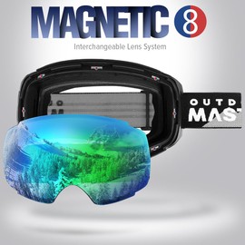 OutdoorMaster Ski Goggles PRO - Frameless, Interchangeable Lens Snow Goggles for Men & Women - 100% UV Protection ( Black Frame VLT 18% Grey Len with Full REVO Green and Free Protective Case )