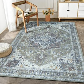 Bloom Rugs Washable Non-Slip 4' x 6' Rug - Green/Blue Traditional Medallion Area Rug for Living Room, Bedroom, Dining Room, and Kitchen - Exact Size: 4' x 6'