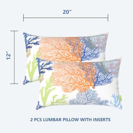 LVTXIII 12×20 Inch Outdoor Lumbar Pillows, Pack of 2 Water Repellent Lumbar Pillow with Inserts, Fluffy Decorative Garden Lumbar Cushions for Home Patio Coach Sofa Use, Coral Multi