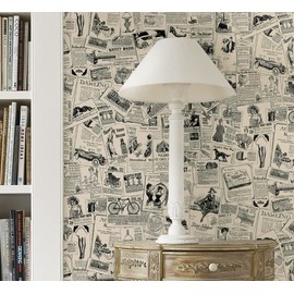 YIXIFANS J066 Vintage Newspaper Peel & Stick Wallpaper Removable Contact Paper Self Adhesive Backsplash Shelf Drawer Liner Furniture Decor Sticker 17.7 inch X 118 inch , Beige/Black