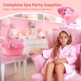 Tideme 64 Pcs Kids Foot Spa Kit for Girl Spa Party with Pink Washbasin Salon Towels Nail Kit for DIY Manicure, Sleepover Party Favors for Little Ones, Foot Care Kit